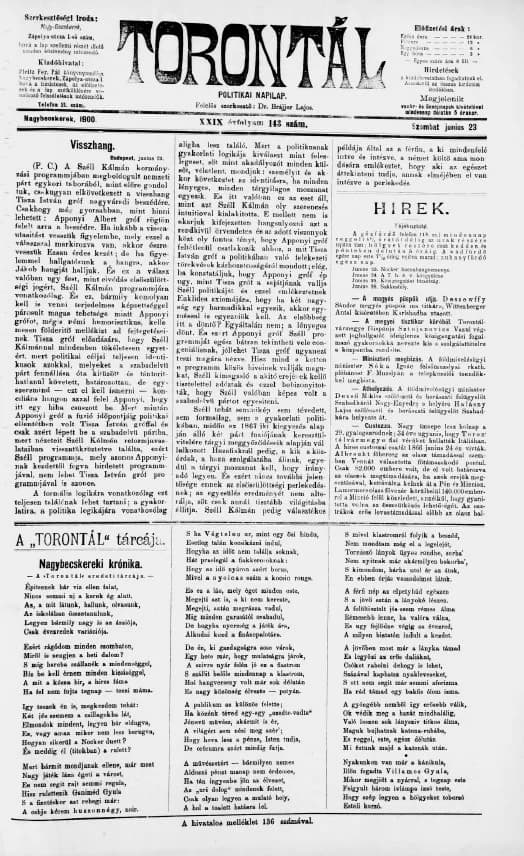 Torontál, 29. évf. 1900. június 23. 143. sz.