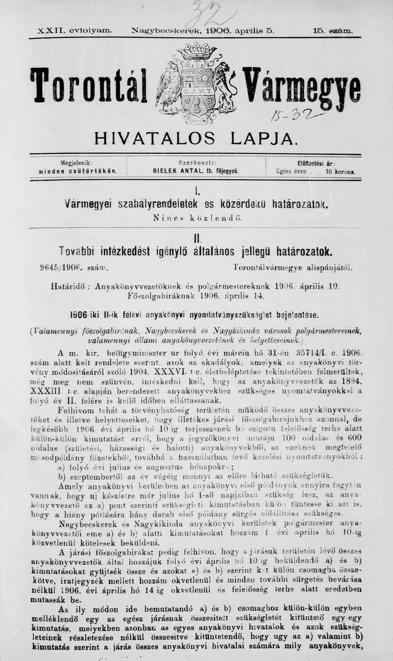 Torontál Vármegye Hivatalos Lapja, 22. évf. 1906. április 5. 15. sz.