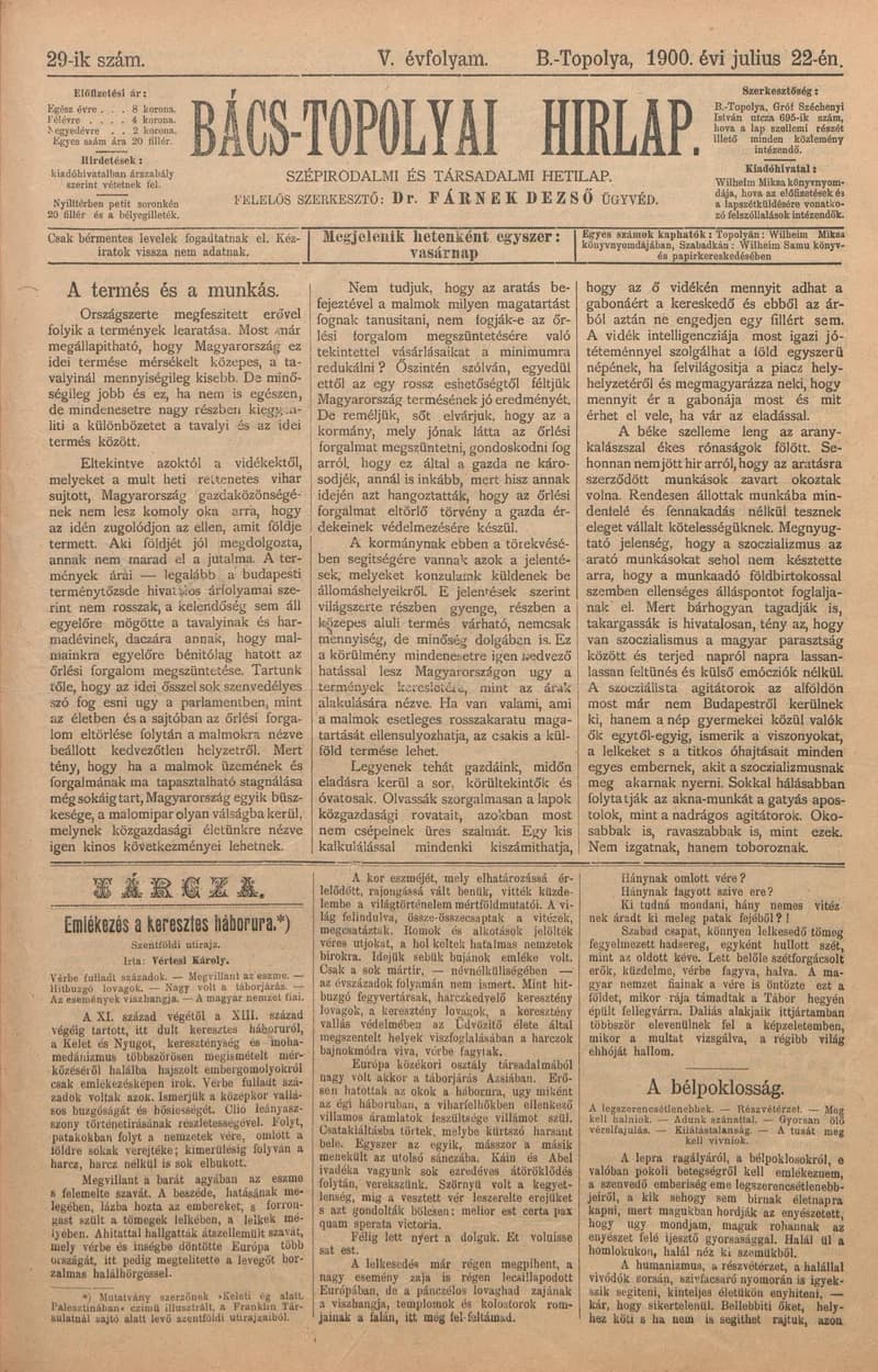 Bács-Topolyai Hirlap, 5. évf. 1900. július 22. 29. sz.