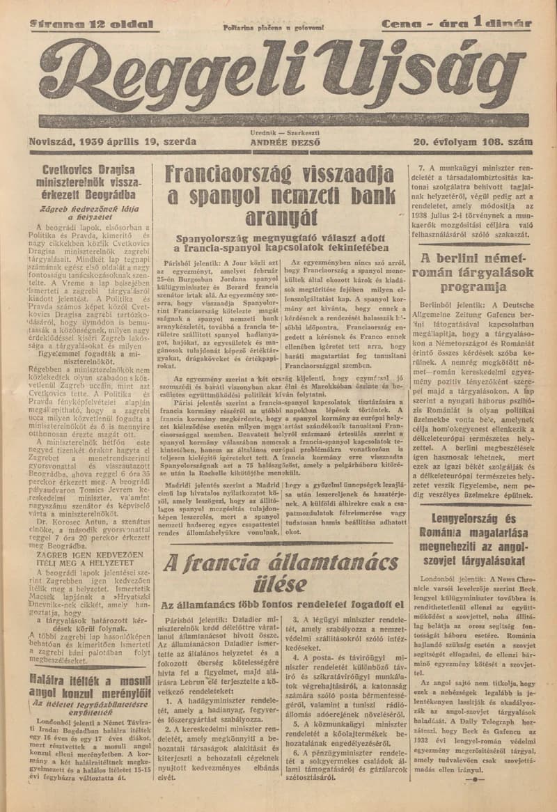 Reggeli Újság, 20. évf. 1939. április 19. 108. sz.