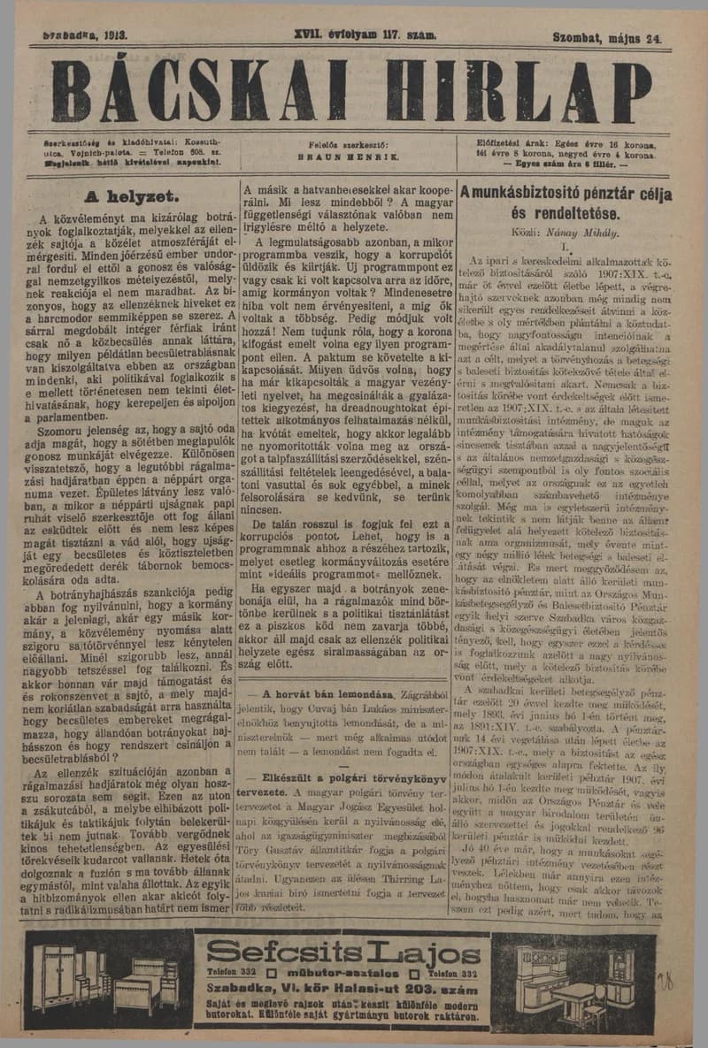 Bácskai Hirlap, 17. évf. 1913. május 24. 117. sz.