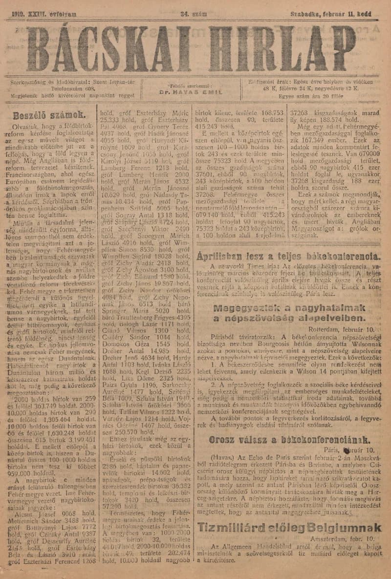 Bácskai Hirlap, 23. évf. 1919. február 11. 34. sz.