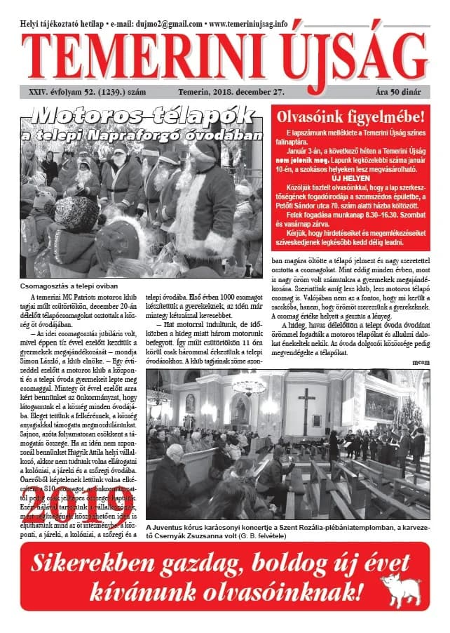 Temerini Újság, 24. évf. 2018. december 27. 52. sz.