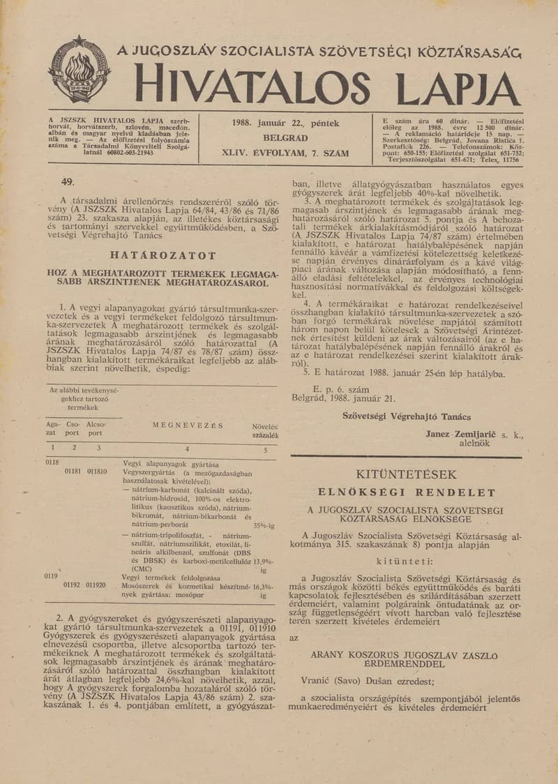A Jugoszláv Szocialista Szövetségi Köztársaság Hivatalos Lapja, 44. évf. 1988. január 22. 7. sz. 189–192. oldal