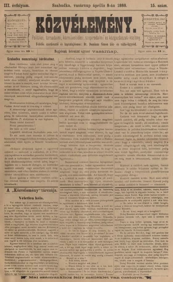Közvélemény, 3. évf. 1888. április 8. 15. sz.