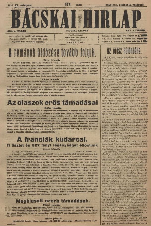 Bácskai Hirlap, 20. évf. 1916. október 15. 473. sz.