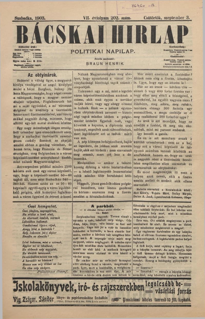 Bácskai Hirlap, 7. évf. 1903. szeptember 3. 202. sz.
