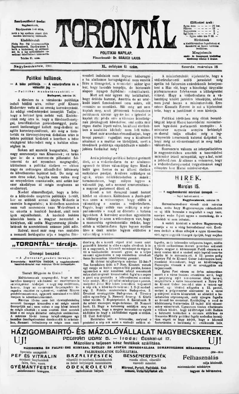Torontál, 40. évf. 1911. március 15. 61. sz.