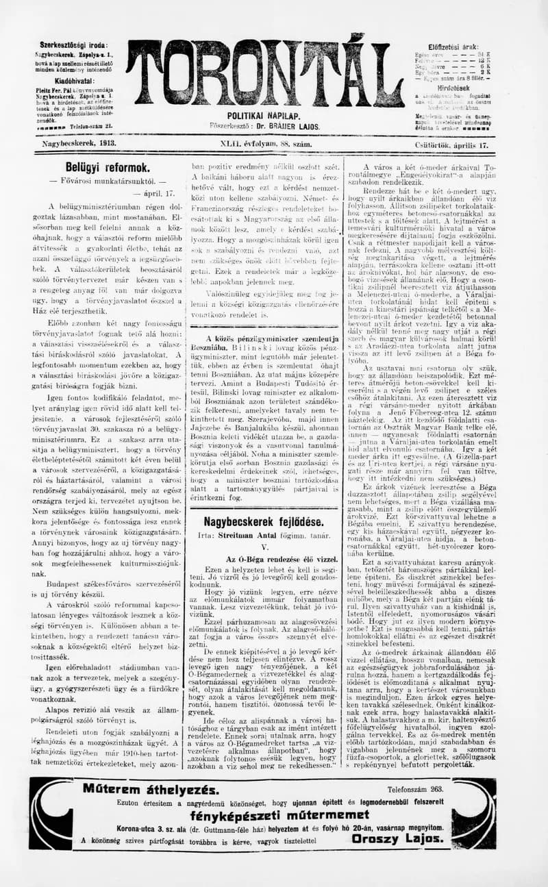 Torontál, 42. évf. 1913. április 17. 88. sz.