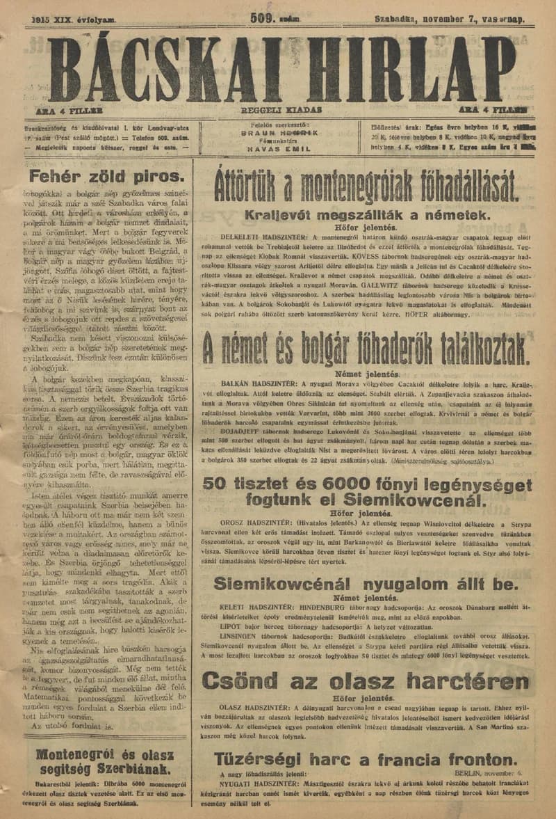 Bácskai Hirlap, 19. évf. 1915. november 7. 508. sz.