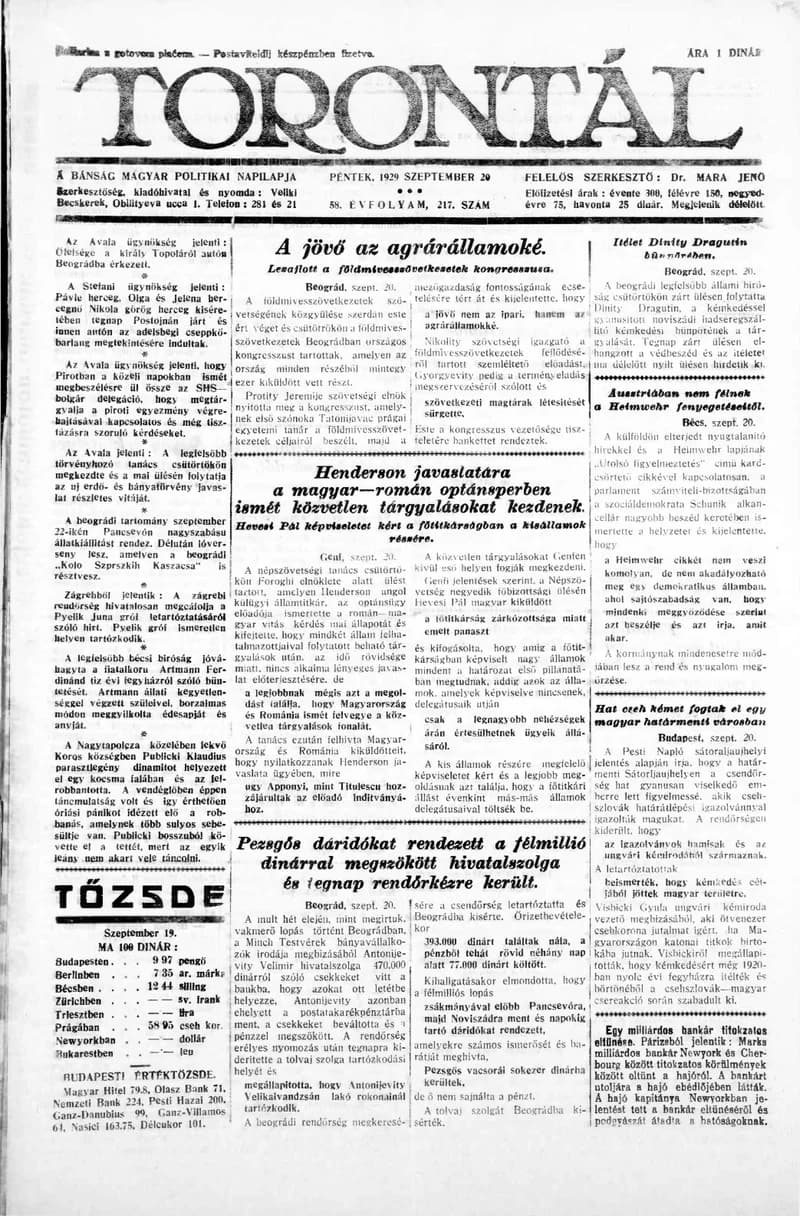 Torontál, 58. évf. 1929. szeptember 20. 217. sz.