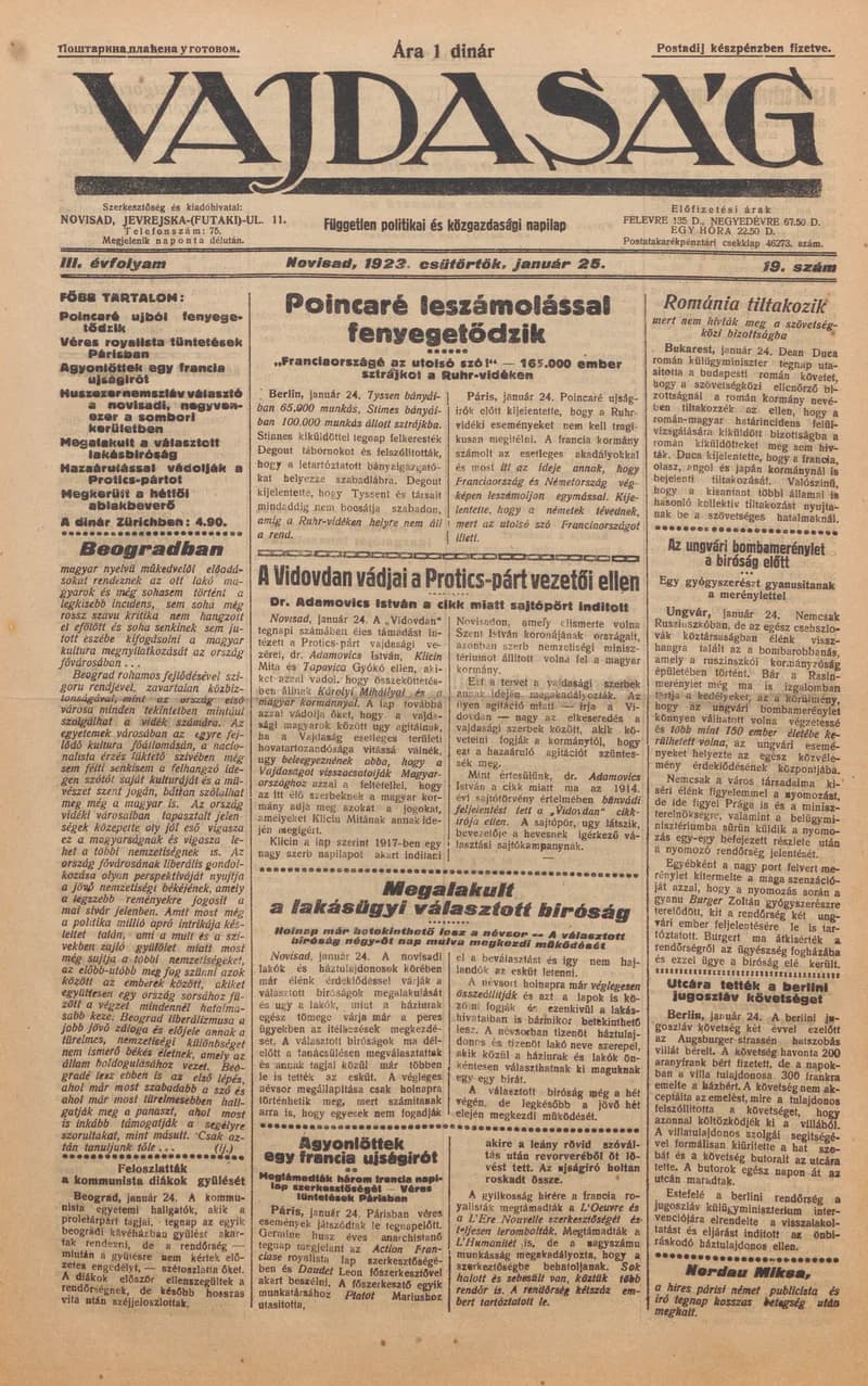 Vajdaság, 3. évf. 1923. január 25. 19. sz.