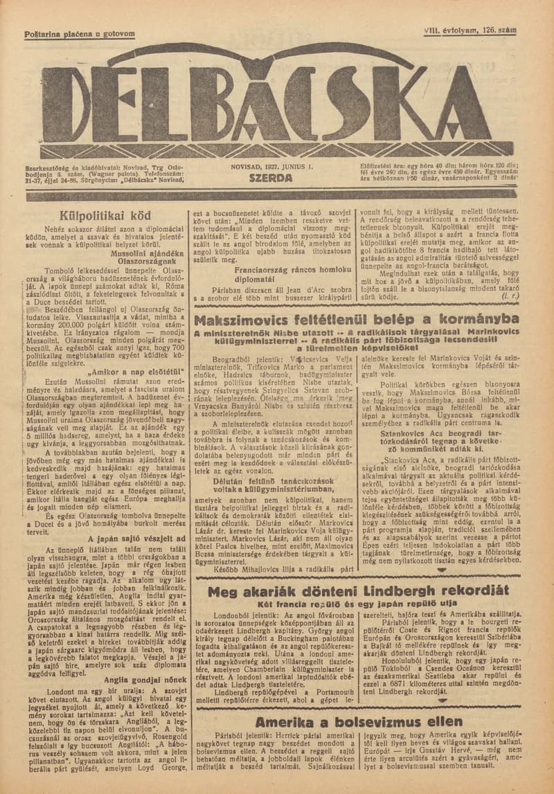 Délbácska, 8. évf. 1927. június 1. 126. sz.