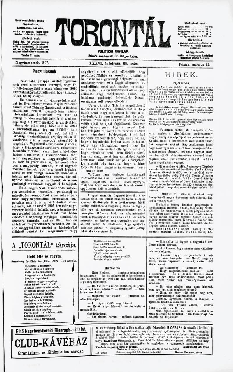 Torontál, 36. évf. 1907. március 22. 68. sz.
