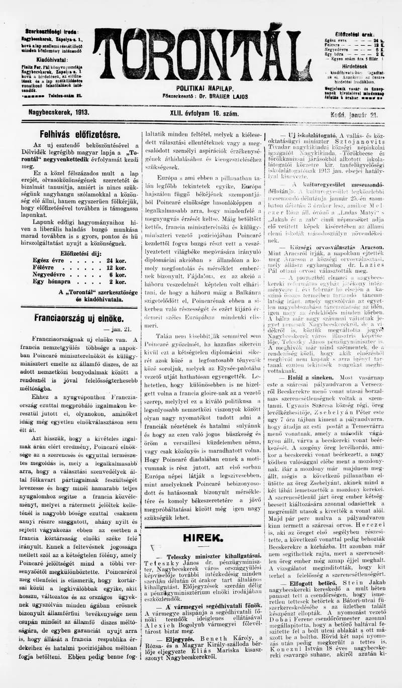 Torontál, 42. évf. 1913. január 21. 16. sz.