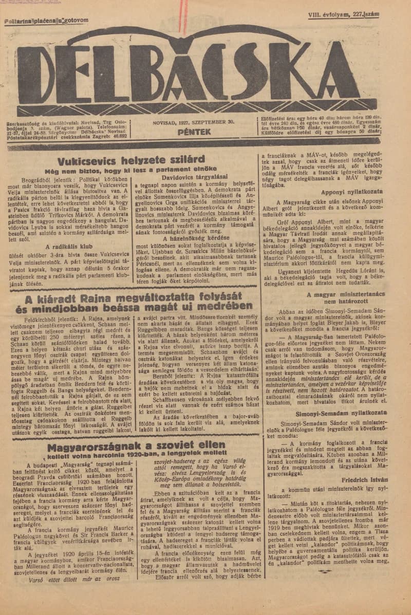 Délbácska, 8. évf. 1927. szeptember 30. 227. sz.