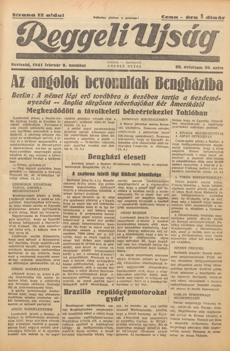 Reggeli Újság, 22. évf. 1941. február 8. 39. sz.