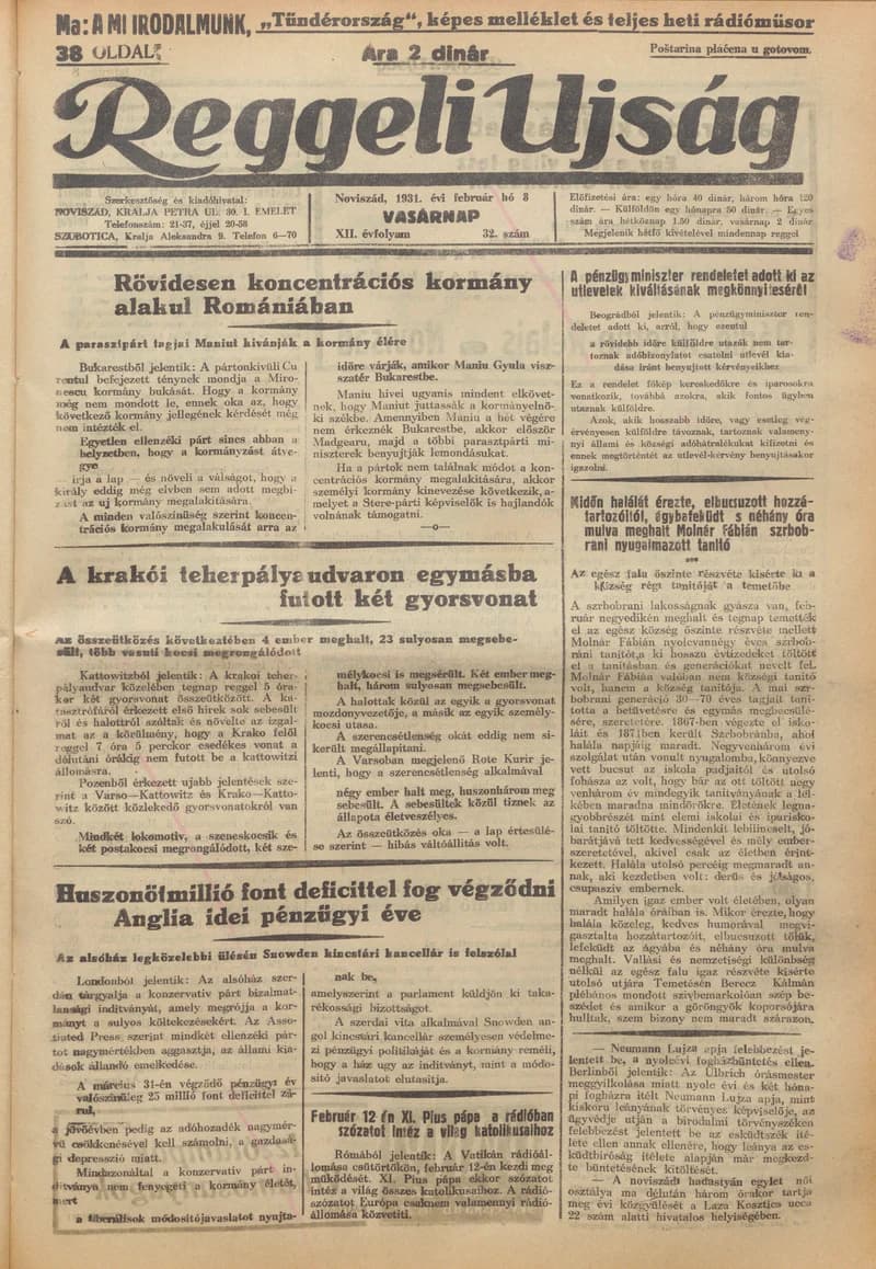 Reggeli Újság, 12. évf. 1931. február 8. 32. sz.