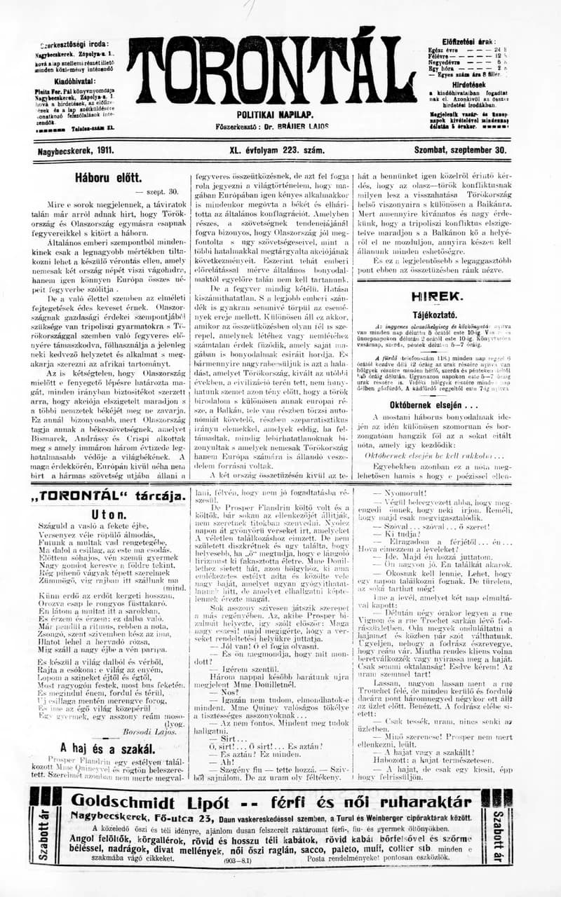 Torontál, 40. évf. 1911. szeptember 30. 223. sz.