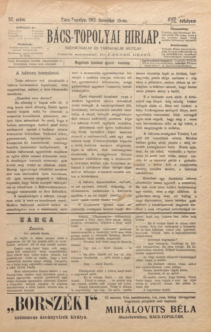 Bács-Topolyai Hirlap, 17. évf. 1912. december 15. 50. sz.