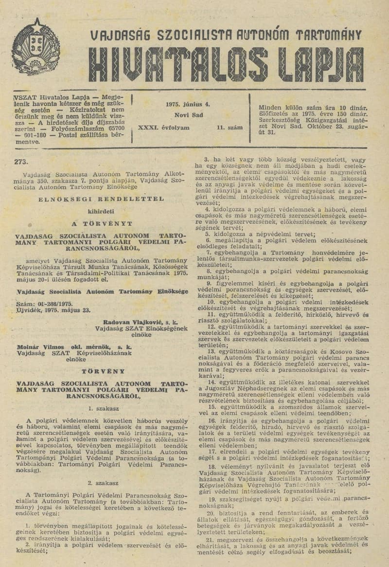 Vajdaság Szocialista Autonóm Tartomány Hivatalos Lapja, 31. évf. 1975. június 4. 11. sz. 445–460. oldal
