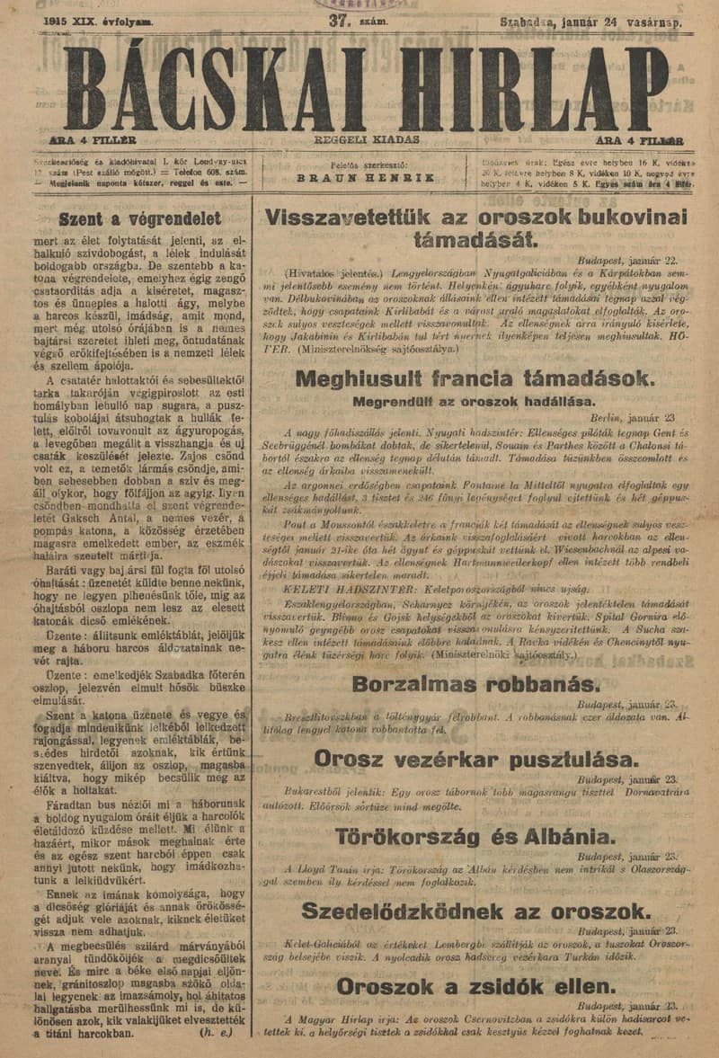 Bácskai Hirlap, 19. évf. 1915. január 24. 37. sz.