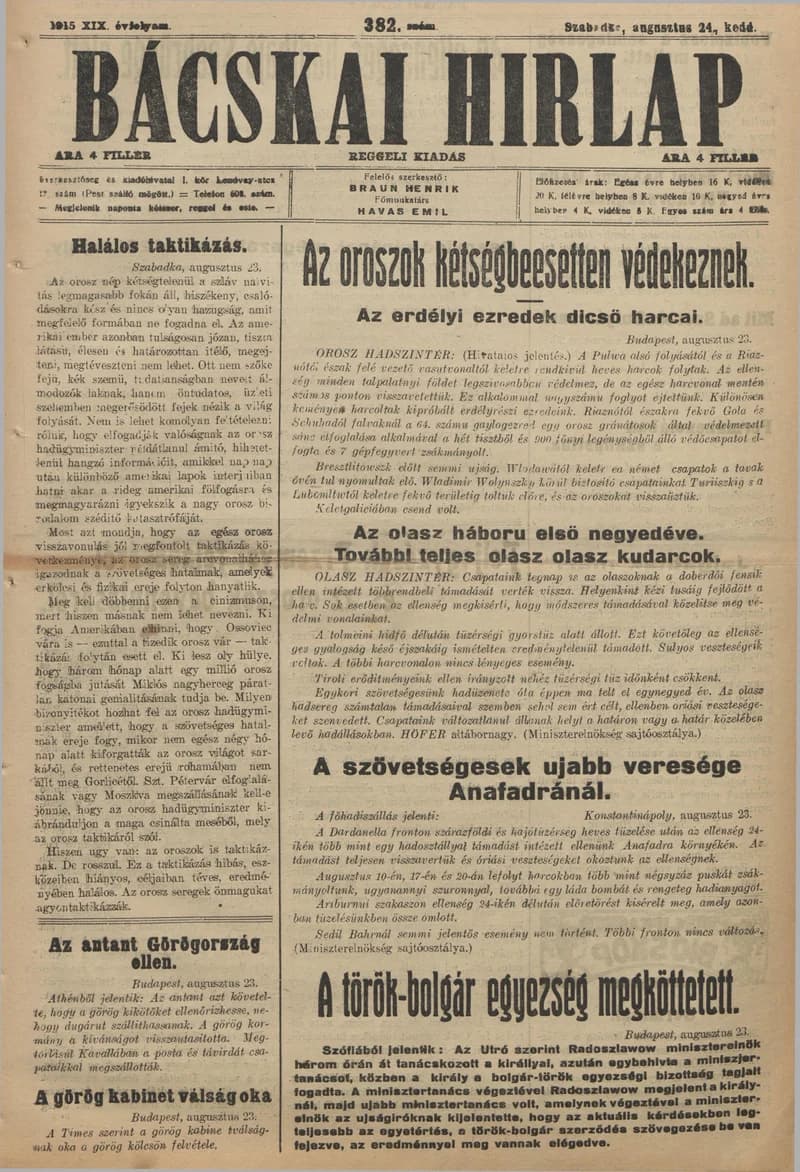 Bácskai Hirlap, 19. évf. 1915. augusztus 24. 382. sz.