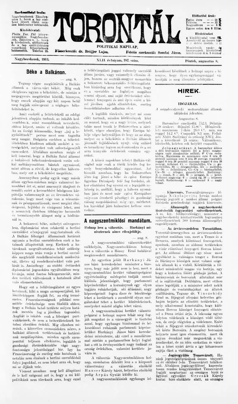 Torontál, 42. évf. 1913. augusztus 8. 182. sz.