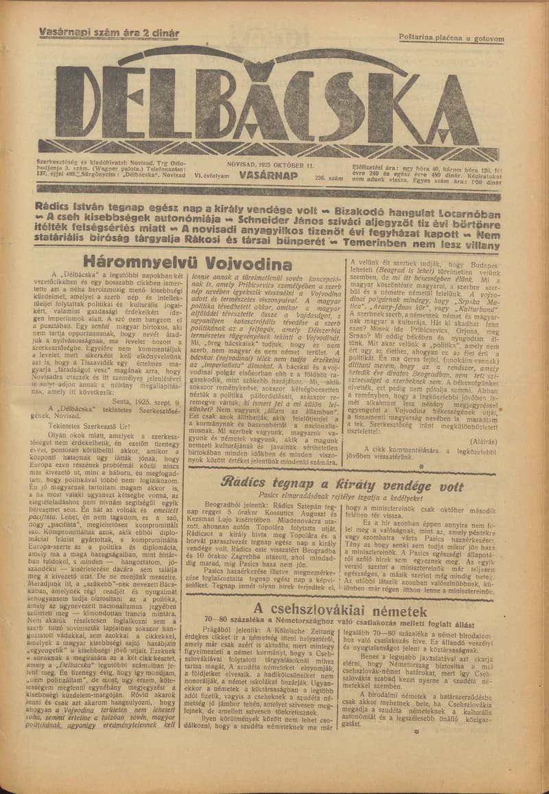 Délbácska, 6. évf. 1925. október 11. 236. sz.