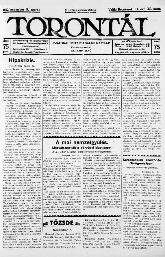 Torontál, 51. évf. 1922. november 8. 250. sz.