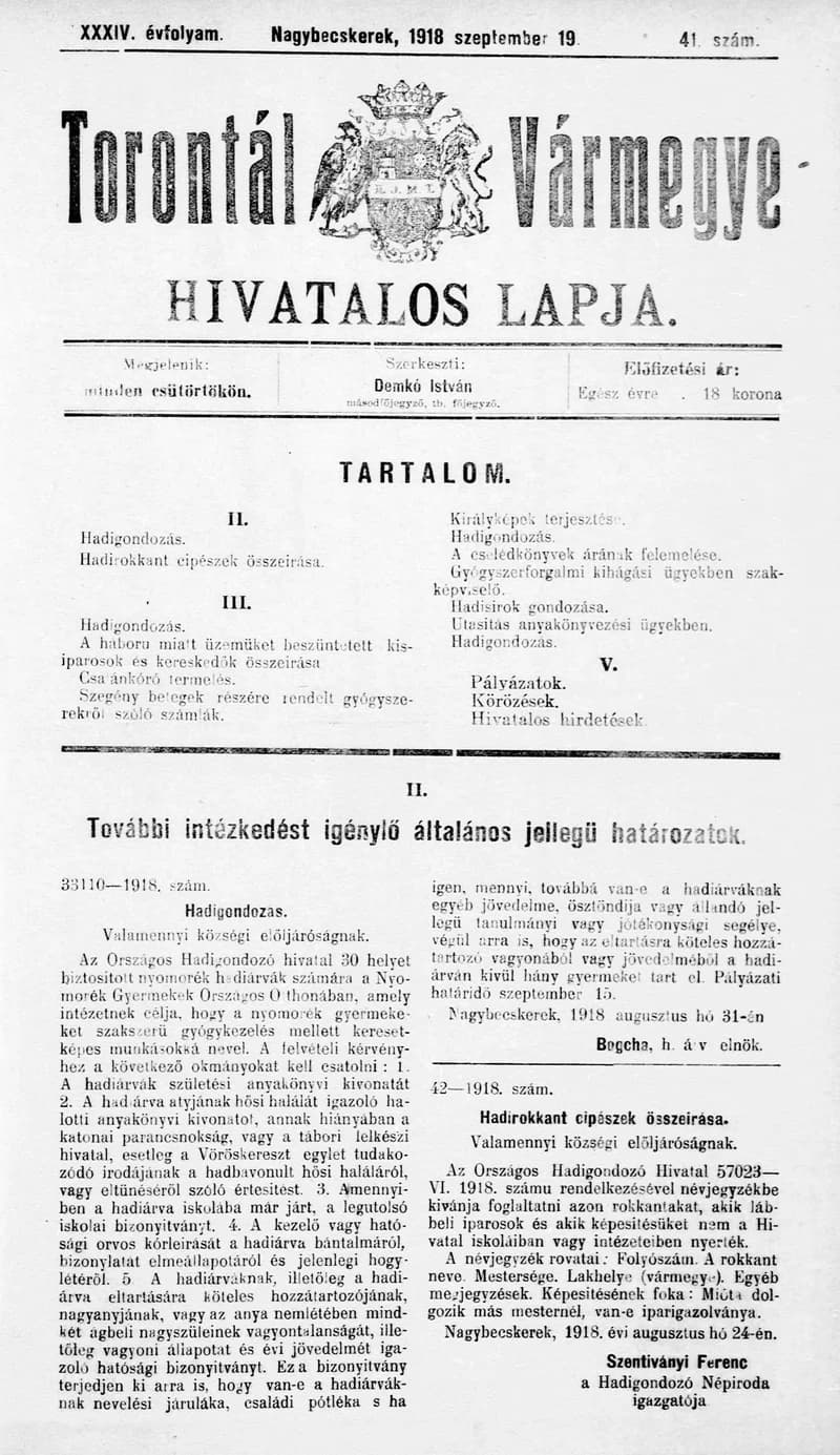 Torontál Vármegye Hivatalos Lapja, 34. évf. 1918. szeptember 19. 41. sz.
