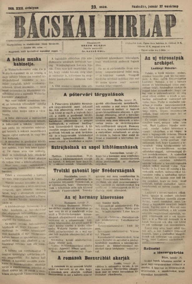 Bácskai Hirlap, 22. évf. 1918. január 27. 23. sz.