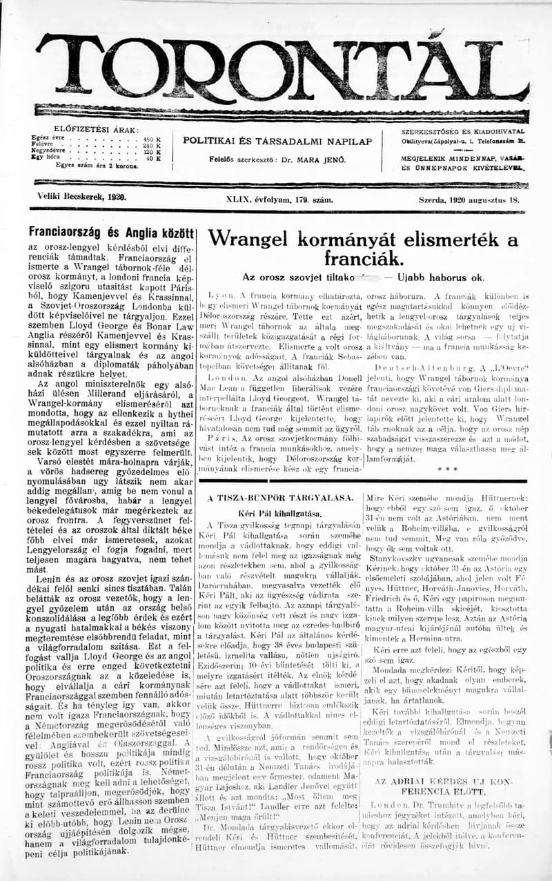 Torontál, 49. évf. 1920. augusztus 18. 179. sz.