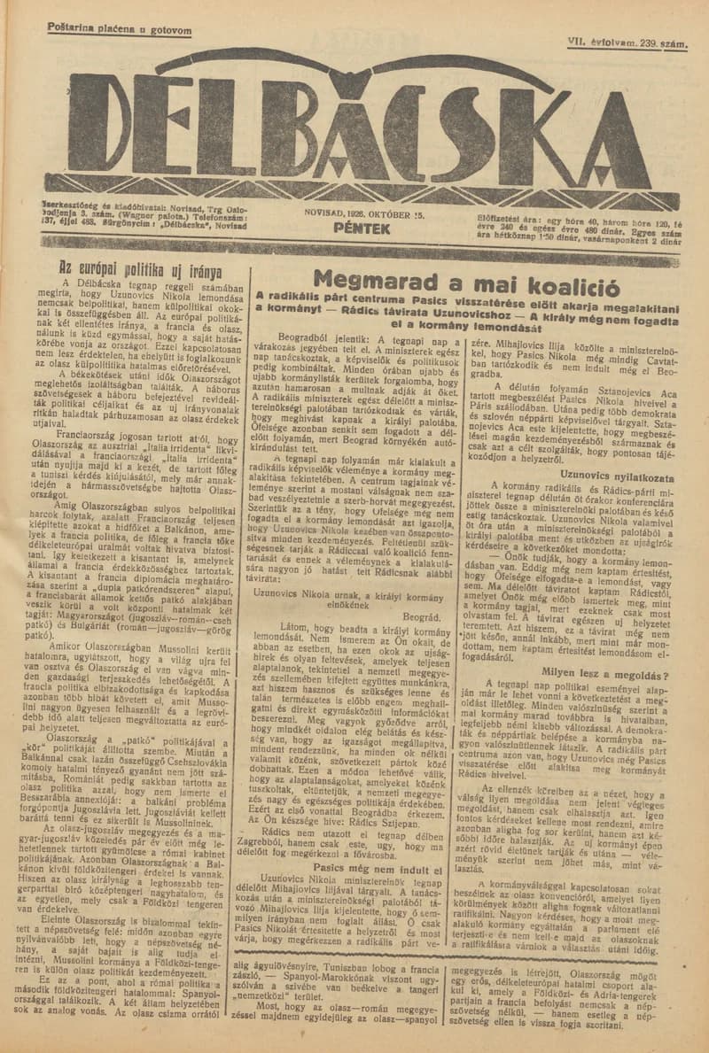 Délbácska, 7. évf. 1926. október 15. 239. sz.