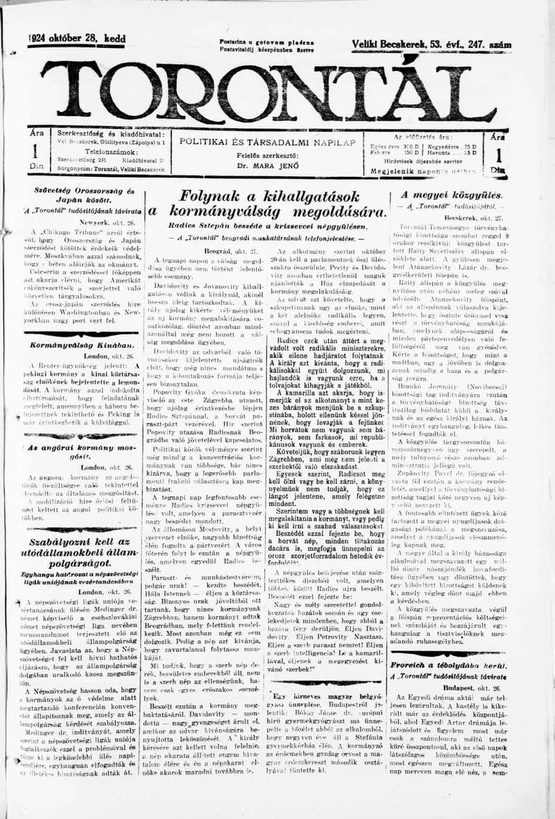 Torontál, 53. évf. 1924. október 28. 247. sz.