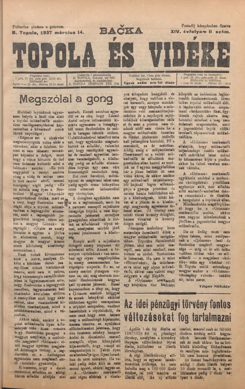 Bačka Topola és Vidéke, 14. évf. 1937. március 14. 11. sz.
