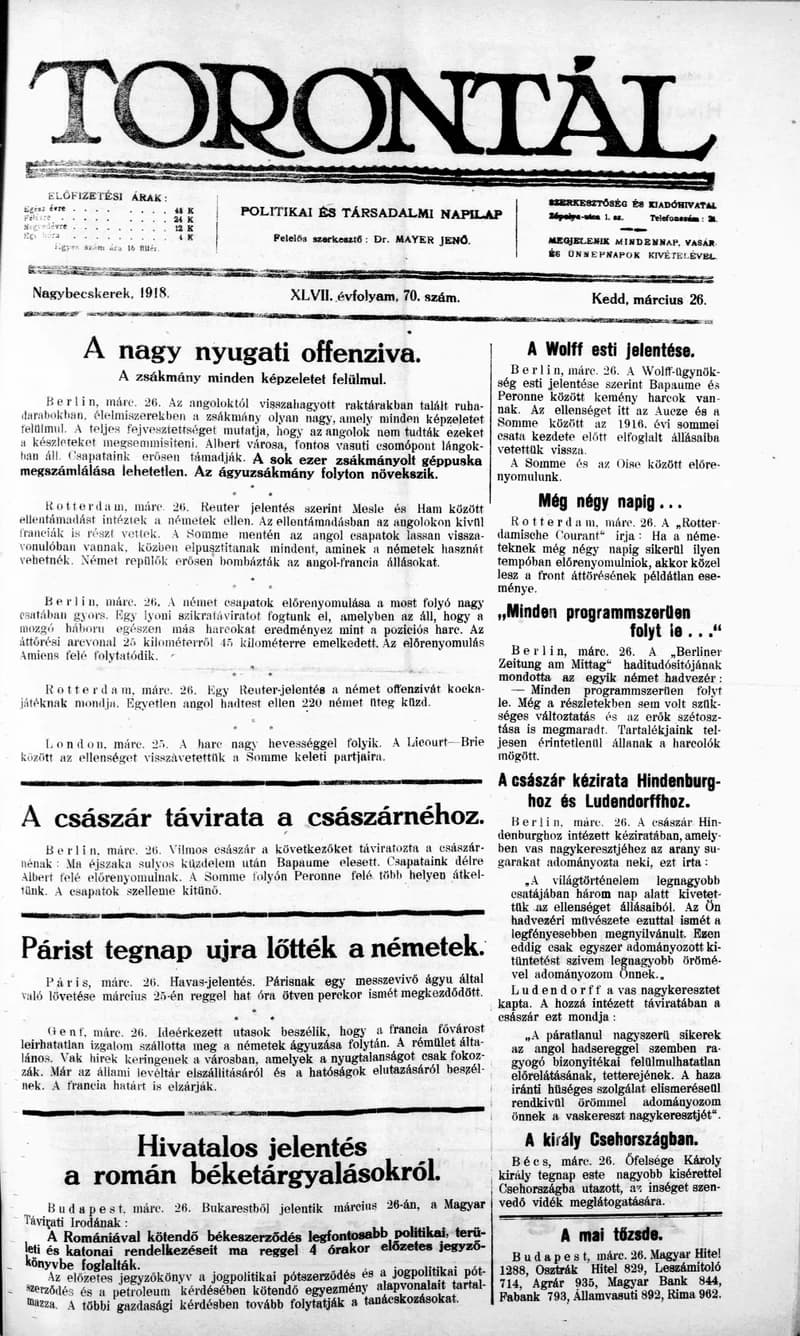 Torontál, 47. évf. 1918. március 26. 70. sz.