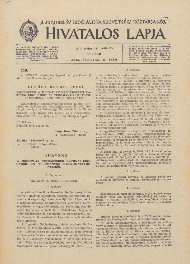 A Jugoszláv Szocialista Szövetségi Köztársaság Hivatalos Lapja, 29. évf. 1973. május 10. 26. sz. 857–880. oldal