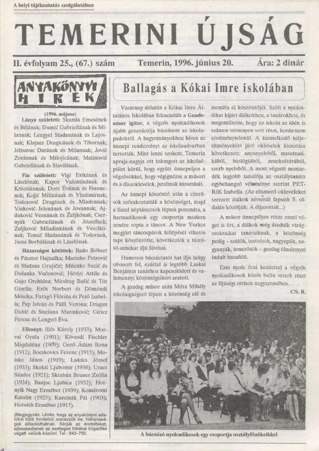 Temerini Újság, 2. évf. 1996. június 20. 25. sz.