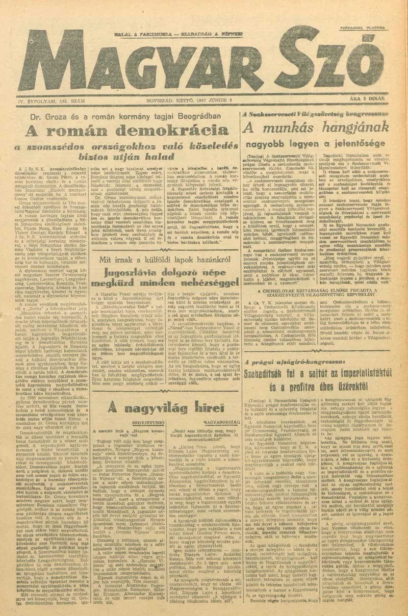 Magyar Szó, 4. évf. 1947. június 9. 143. sz. 1–4. oldal