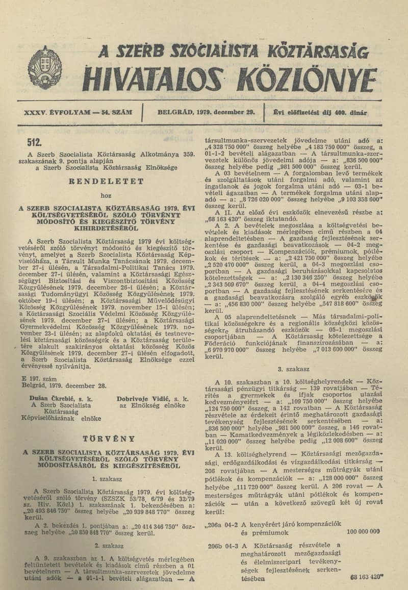 A Szerb Szocialista Köztársaság Hivatalos Közlönye, 35. évf. 1979. december 29. 54. sz. 2097–2100. oldal
