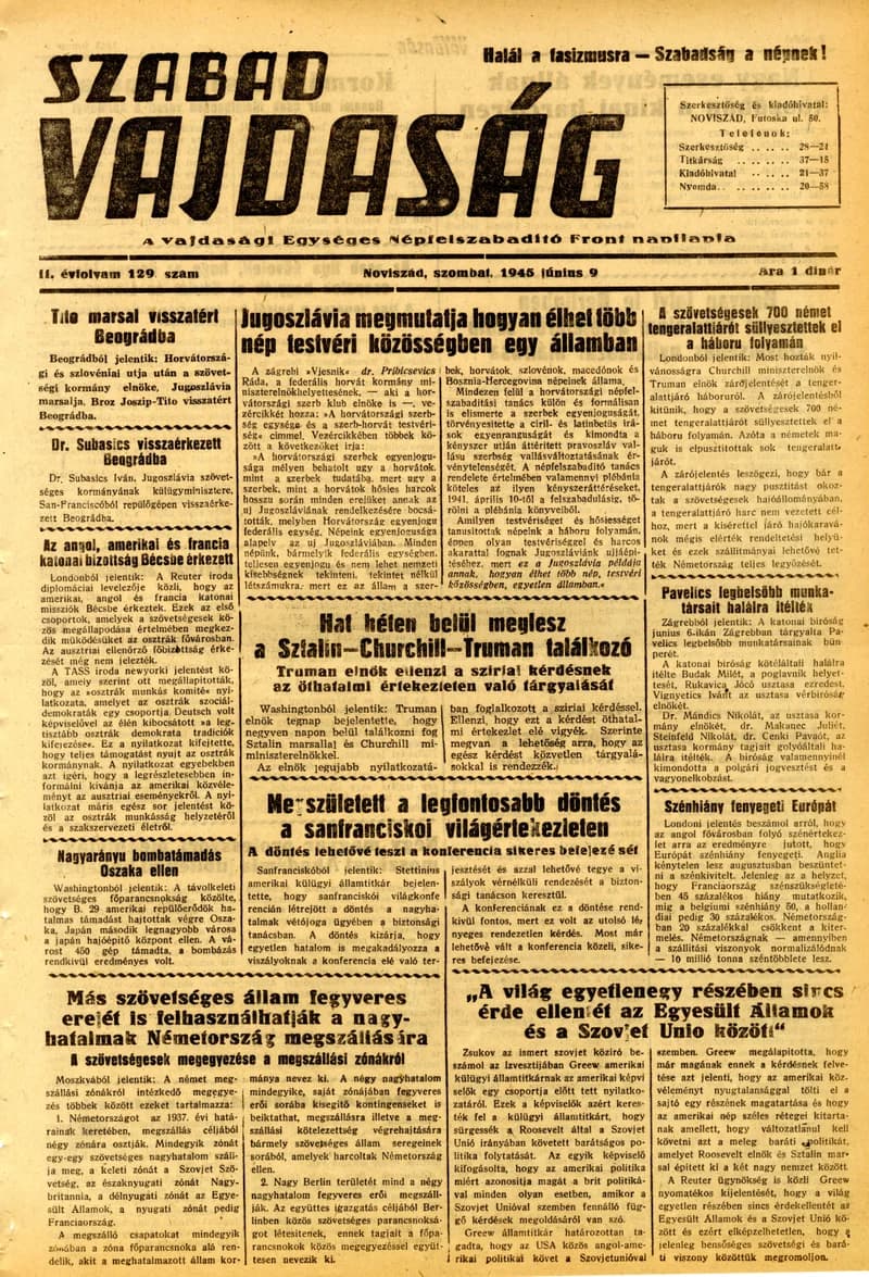 Szabad Vajdaság, 2. évf. 1945. június 9. 129. sz.