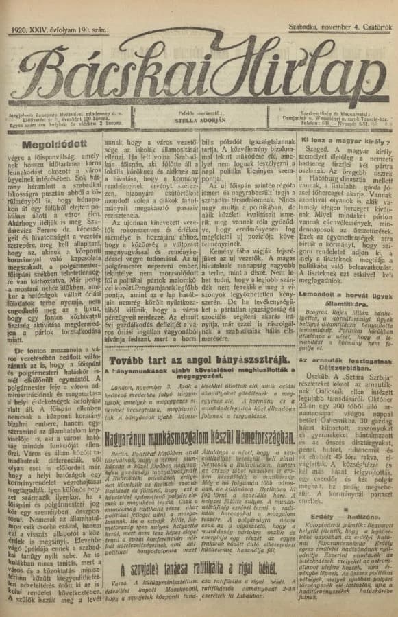 Bácskai Hirlap, 24. évf. 1920. november 4. 190. sz.
