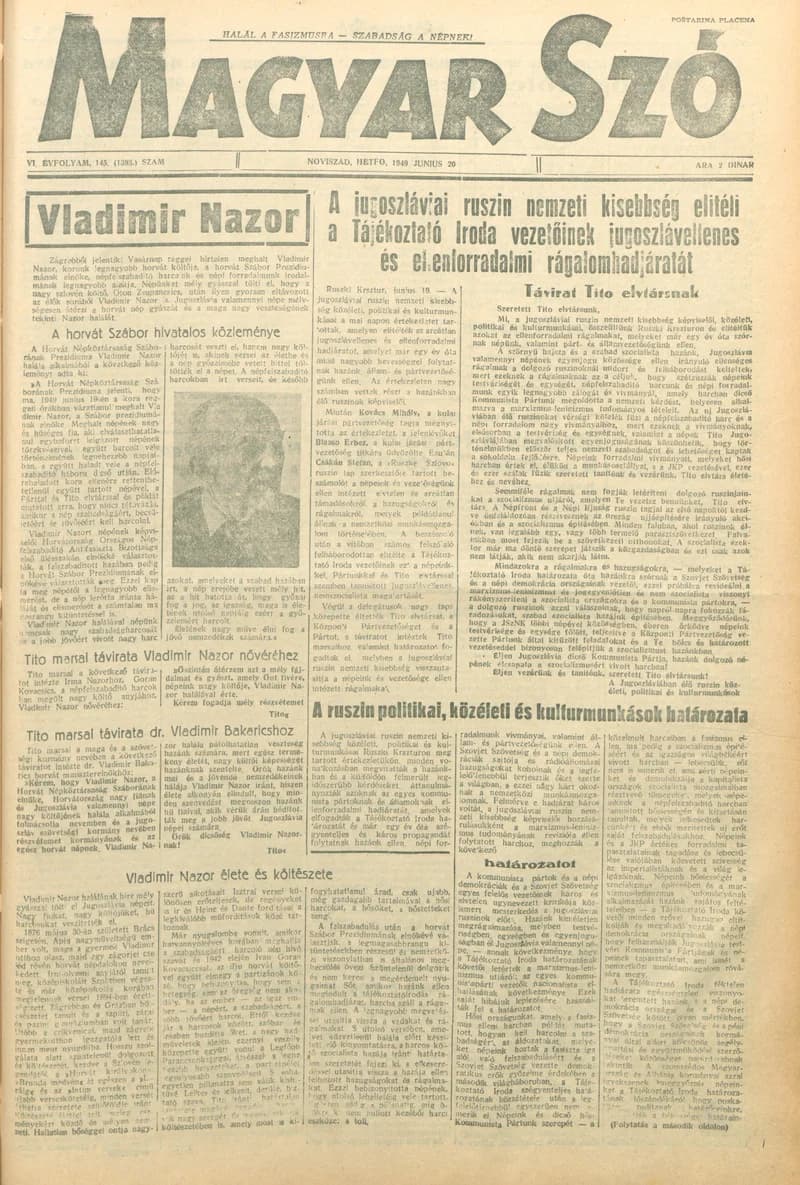 Magyar Szó, 6. évf. 1949. június 20. 145. sz. 1–4. oldal