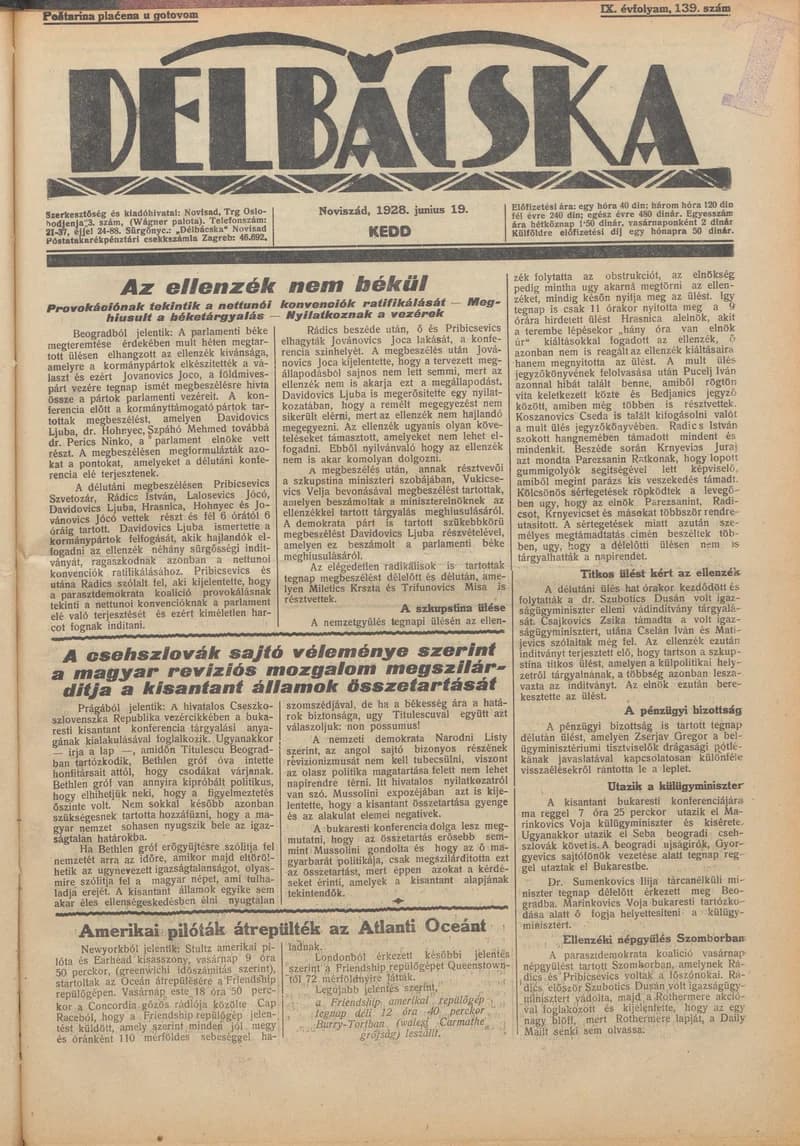 Délbácska, 9. évf. 1928. június 19. 139. sz.