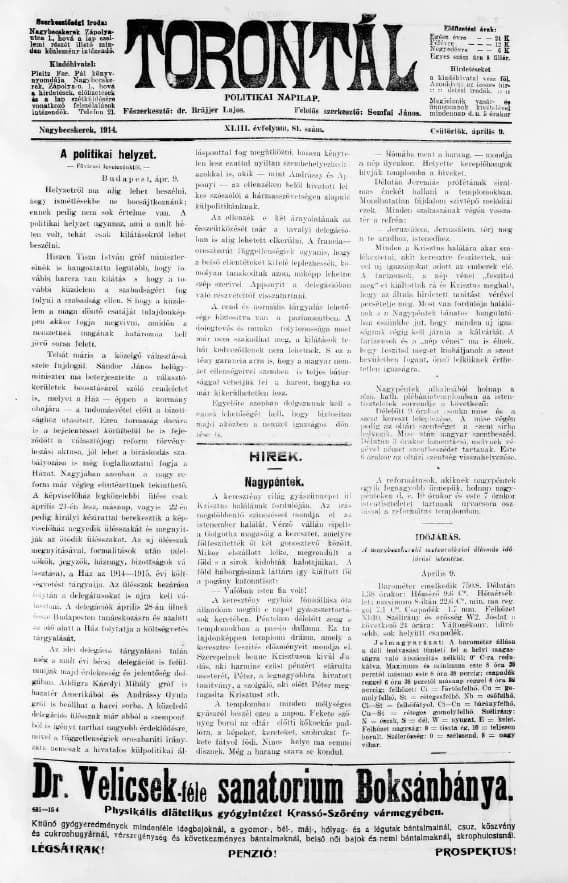 Torontál, 43. évf. 1914. április 9. 81. sz.