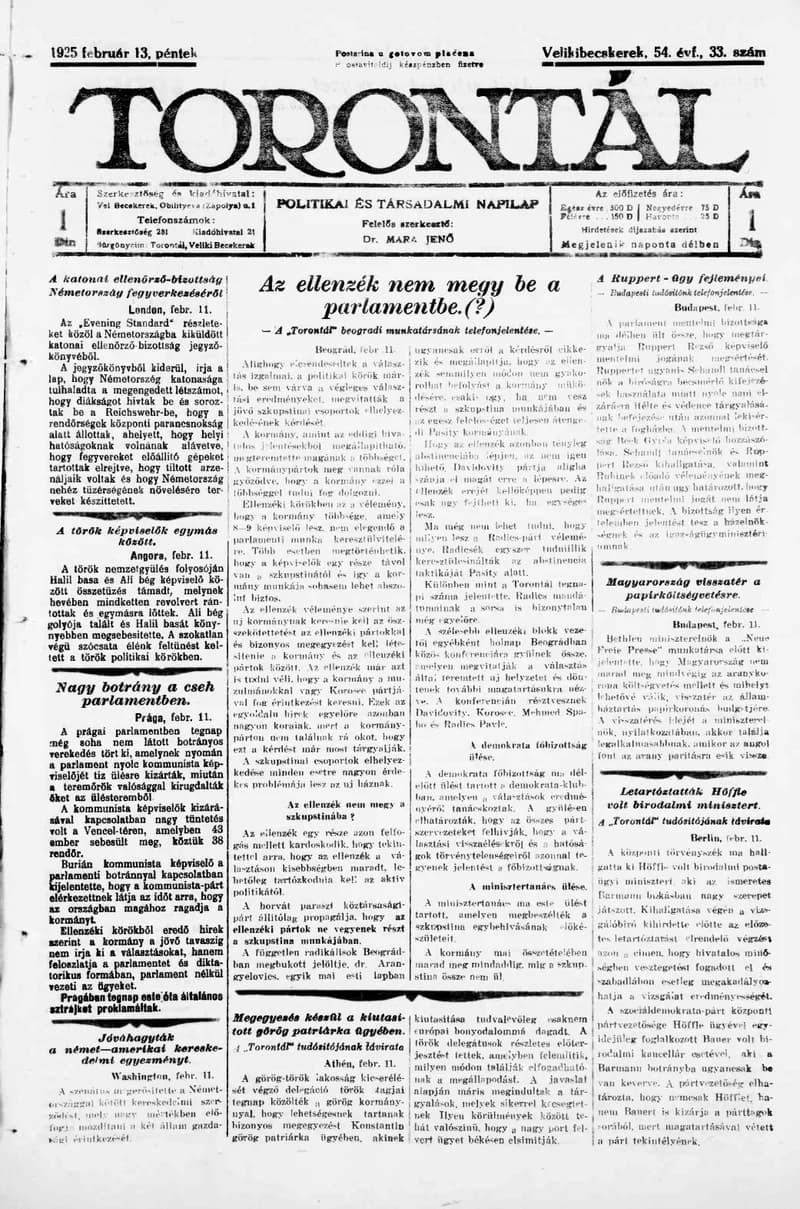 Torontál, 54. évf. 1925. február 13. 33. sz.