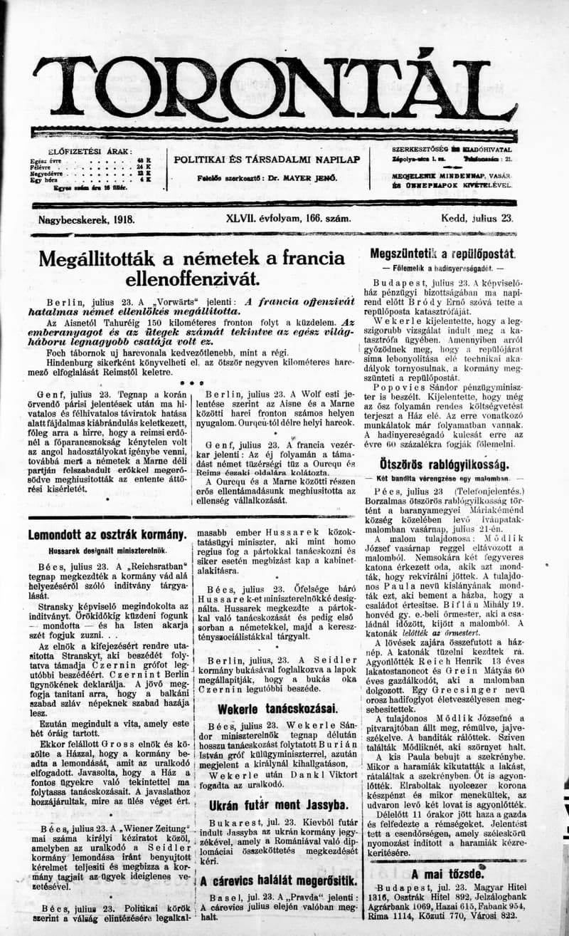Torontál, 47. évf. 1918. július 23. 166. sz.