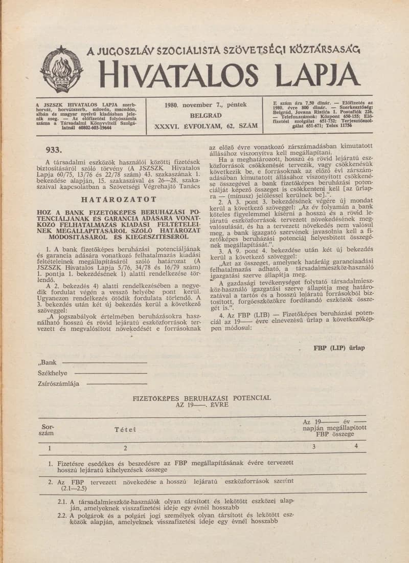 A Jugoszláv Szocialista Szövetségi Köztársaság Hivatalos Lapja, 36. évf. 1980. november 7. 62. sz. 1773–1792. oldal
