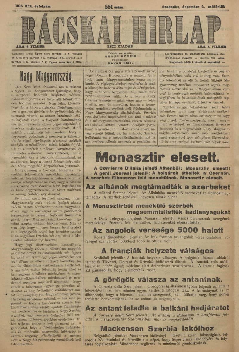Bácskai Hirlap, 19. évf. 1915. december 2. 551. sz.